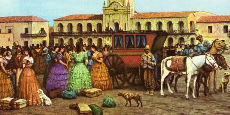 Pintura que muestra mujeres y hombres criollos junto a un carruaje.